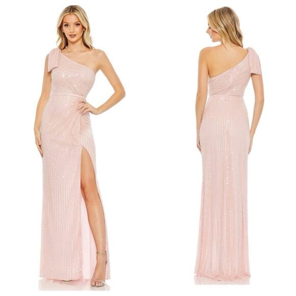 Mac Duggal Pearl Embellished Soft Tie One Shoulder Gown Pink Size 4 NWT - Picture 1 of 14